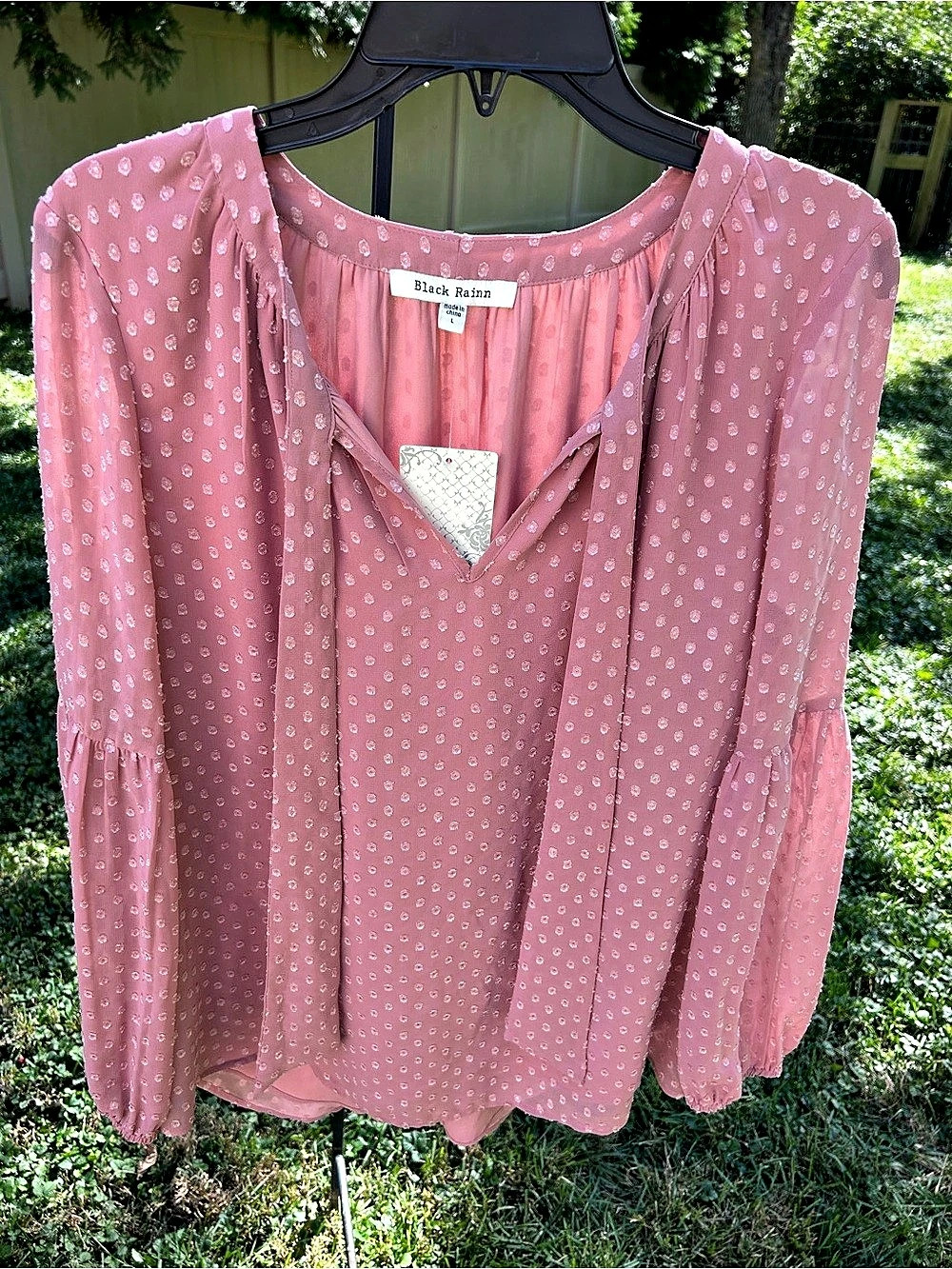 Dusty Pink w/Polka Dots Blouse NEW W/TAGS PRETTY LONG SLEEVES Large -Cottagecore